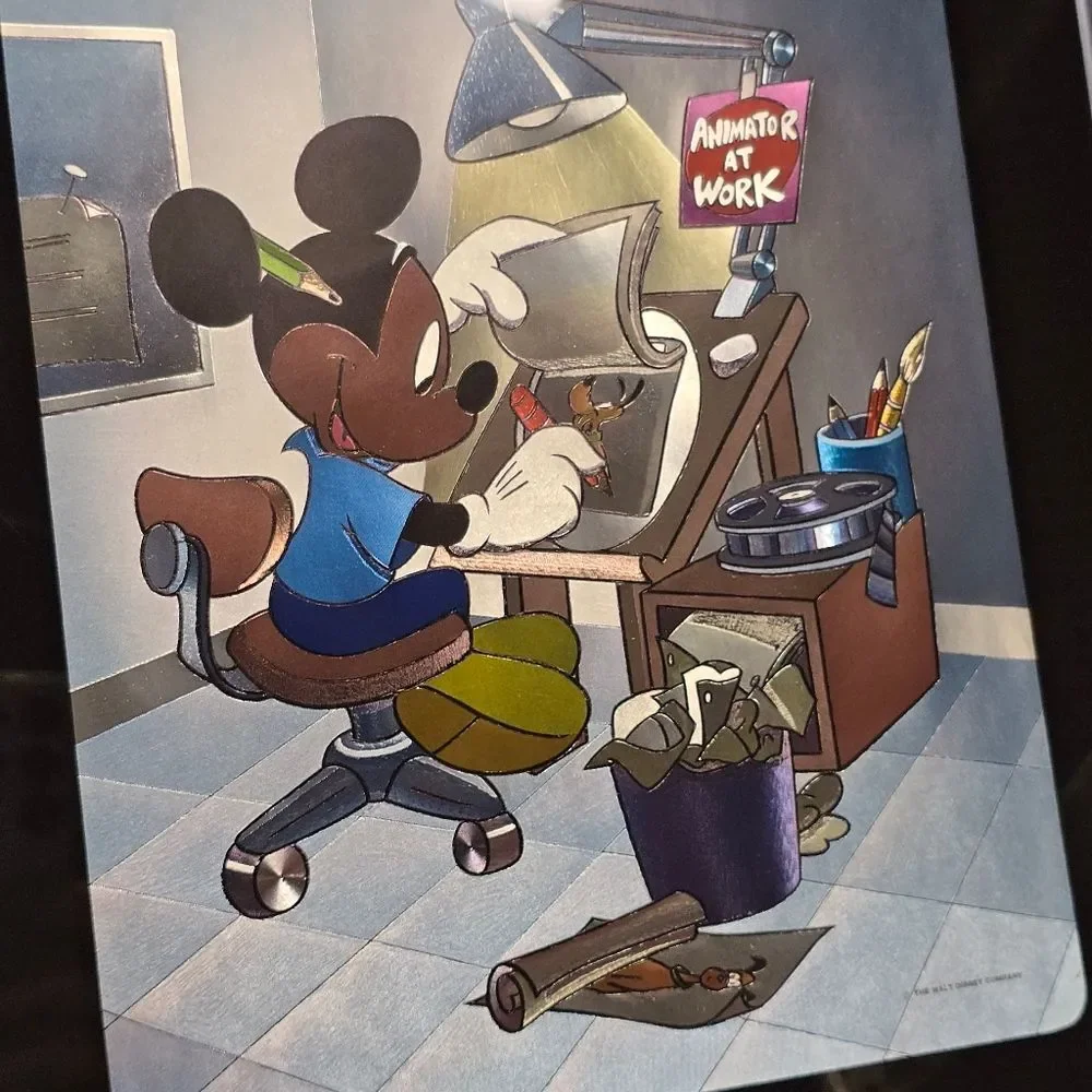 Disney Mickey Mouse Animator At Work Framed Foil Picture Art Vintage